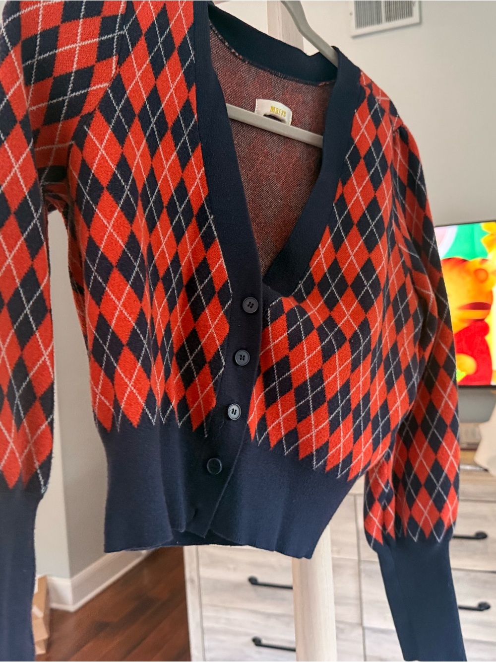 Anthropologie Navy and Red Argyle V-Neck Cardigan